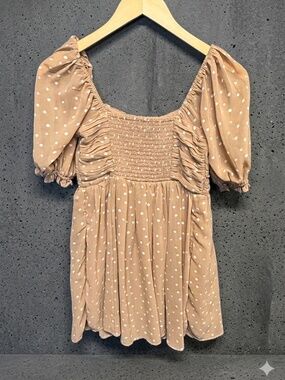 Abercrombie & Fitch Polka Dot Mini Dress Tan Brown Cream Puff Sleeve Smocked S